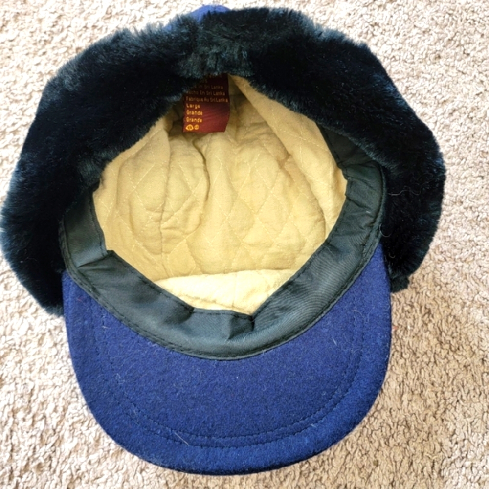 Vintage Wool Dorfman Pacific Navy Faux Fur Lined Ear Flap Hat Quilted Lining LG - Picture 4 of 9